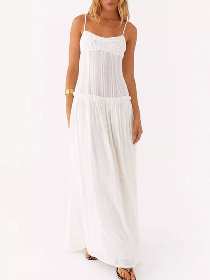 Maxi-jurk met smock en ruches en spaghetti bandjes