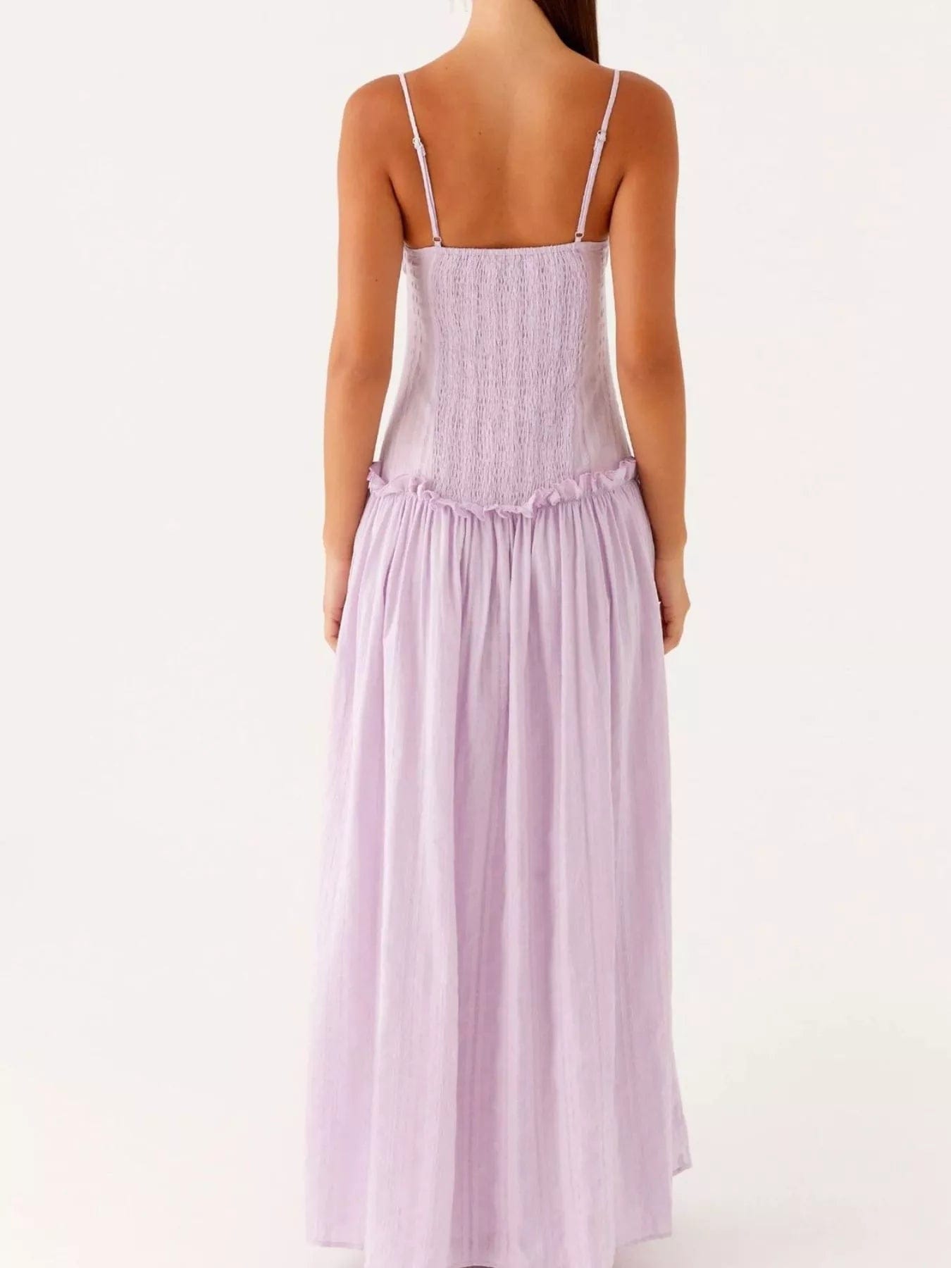 Maxi-jurk met smock en ruches en spaghetti bandjes