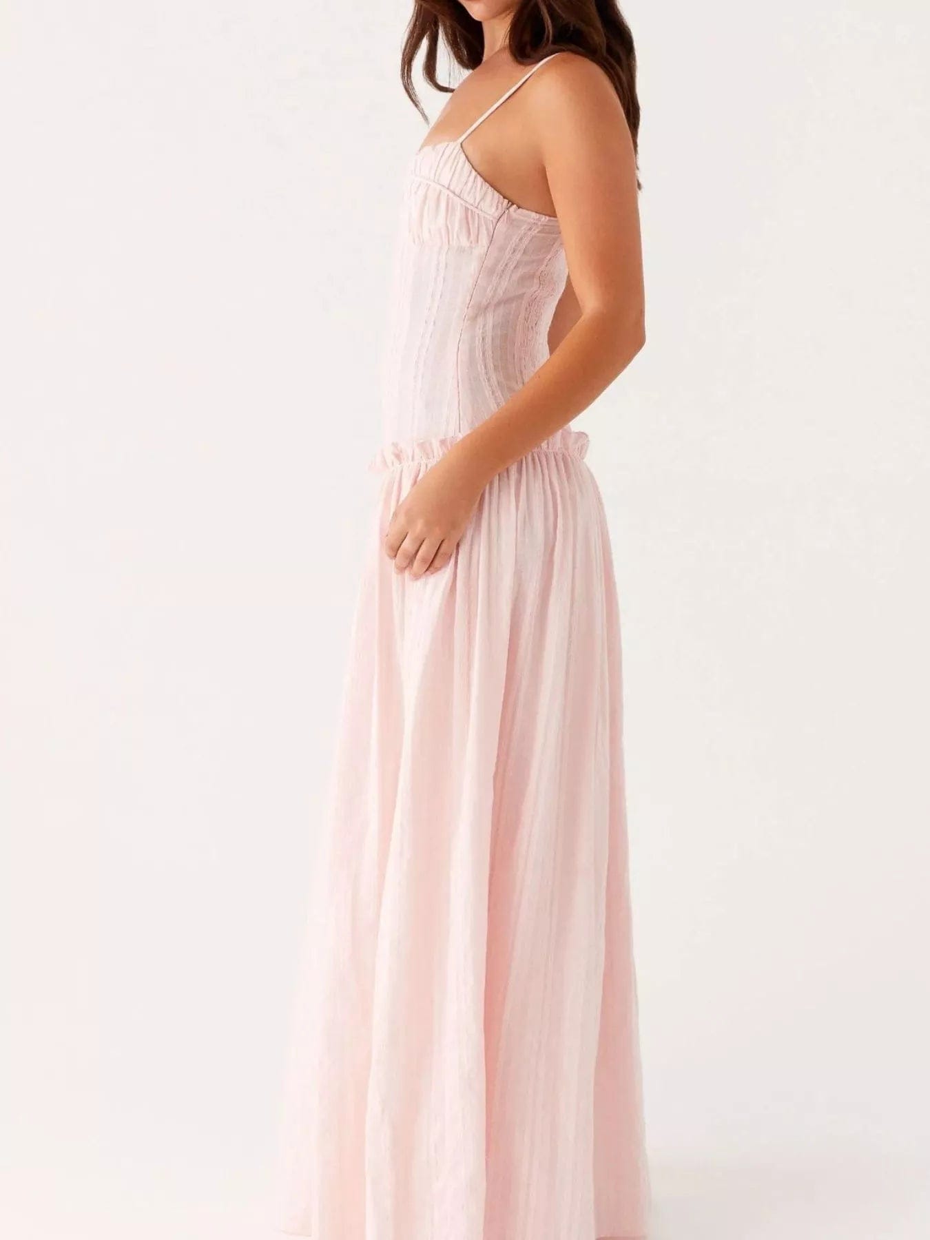Maxi-jurk met smock en ruches en spaghetti bandjes