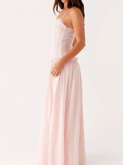Maxi-jurk met smock en ruches en spaghetti bandjes