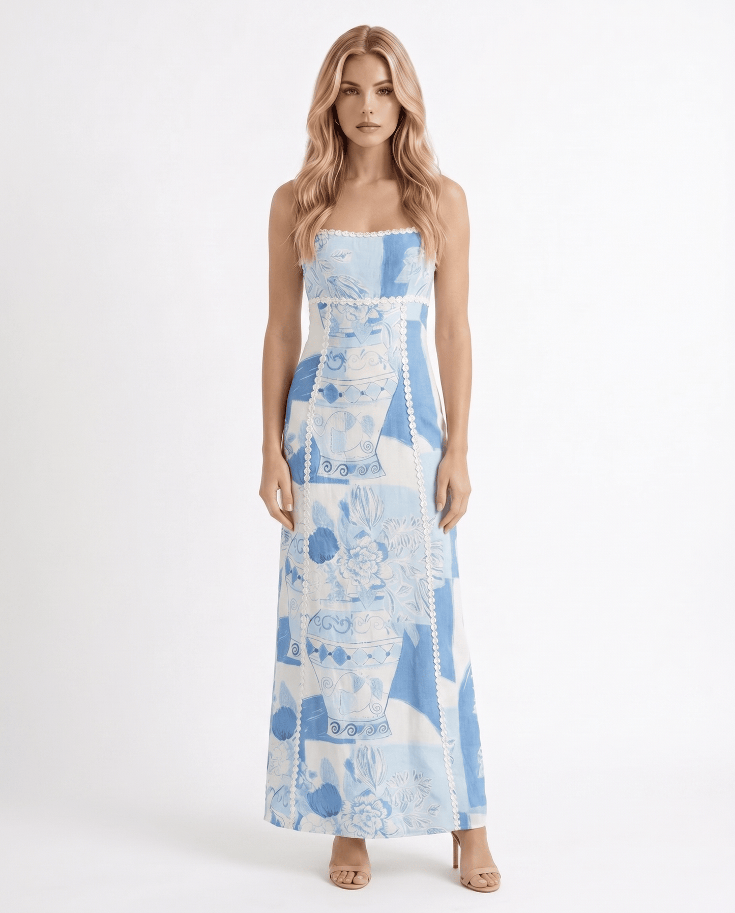 Maxi-jurk met strapless en Mediterrane print