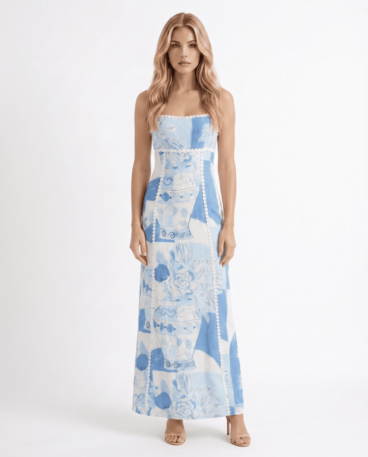Maxi-jurk met strapless en Mediterrane print