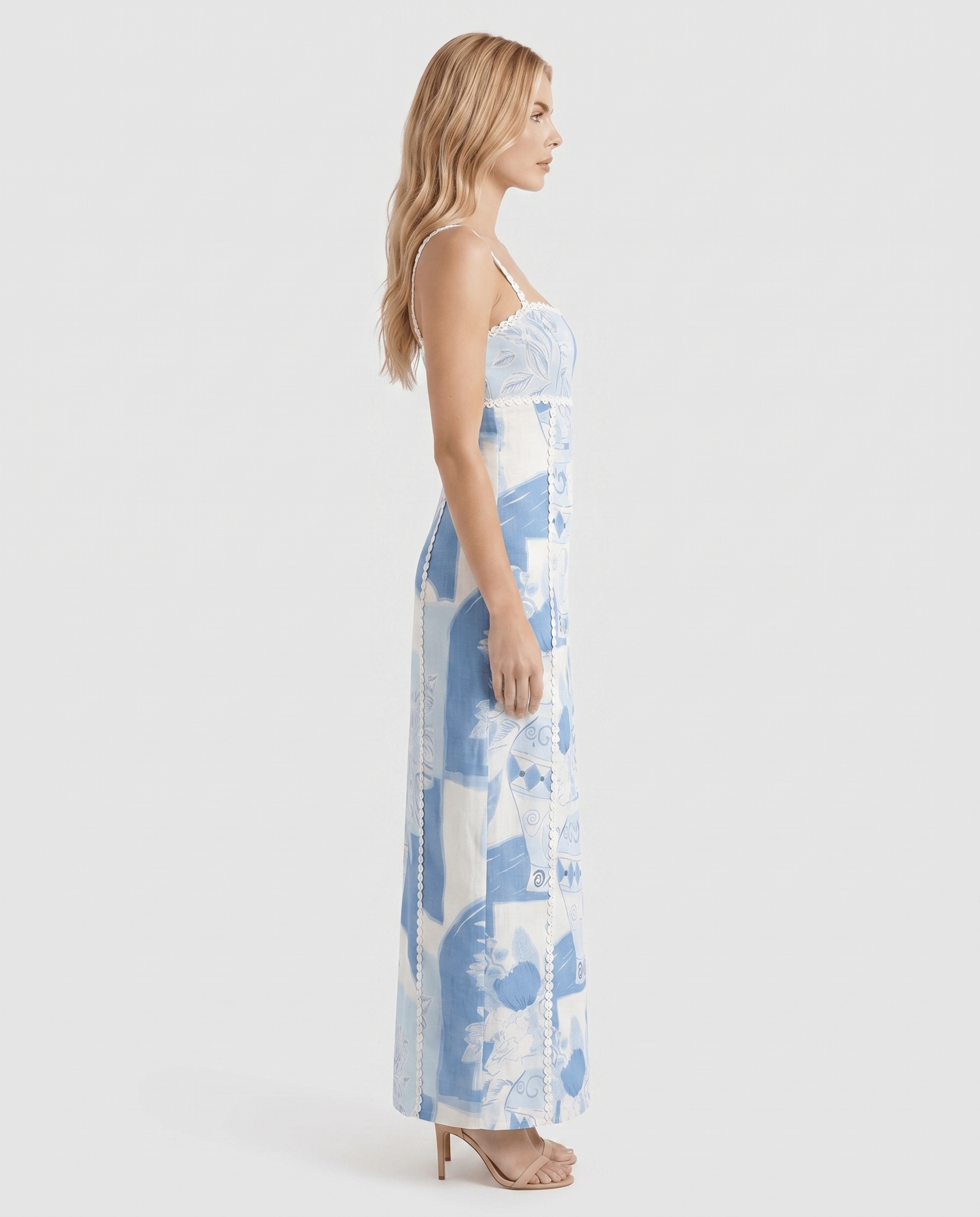 Maxi-jurk met strapless en Mediterrane print