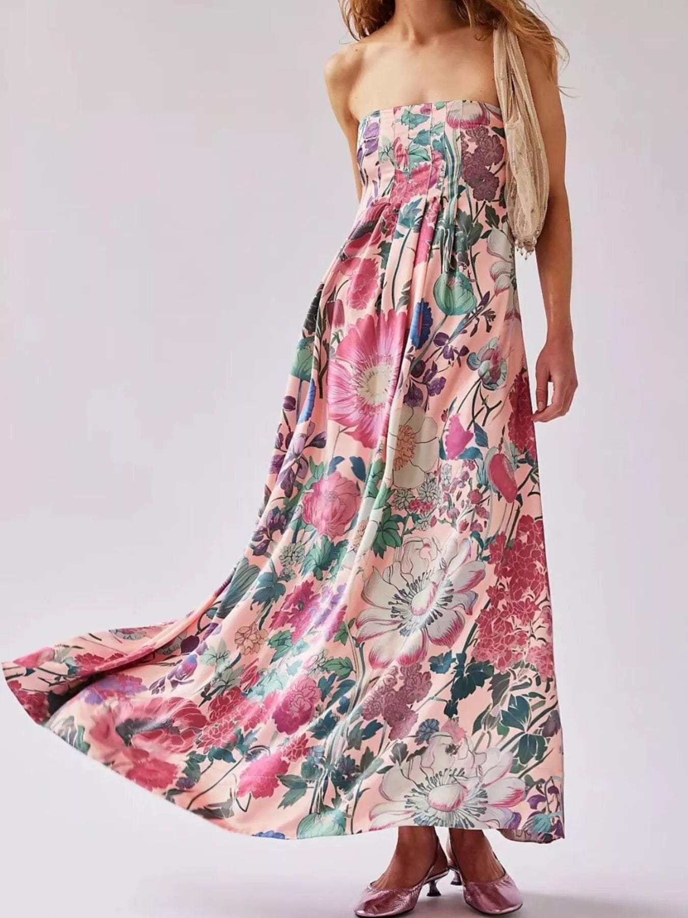 Maxi-jurk van polyester met bloemenprint en mouwloos design