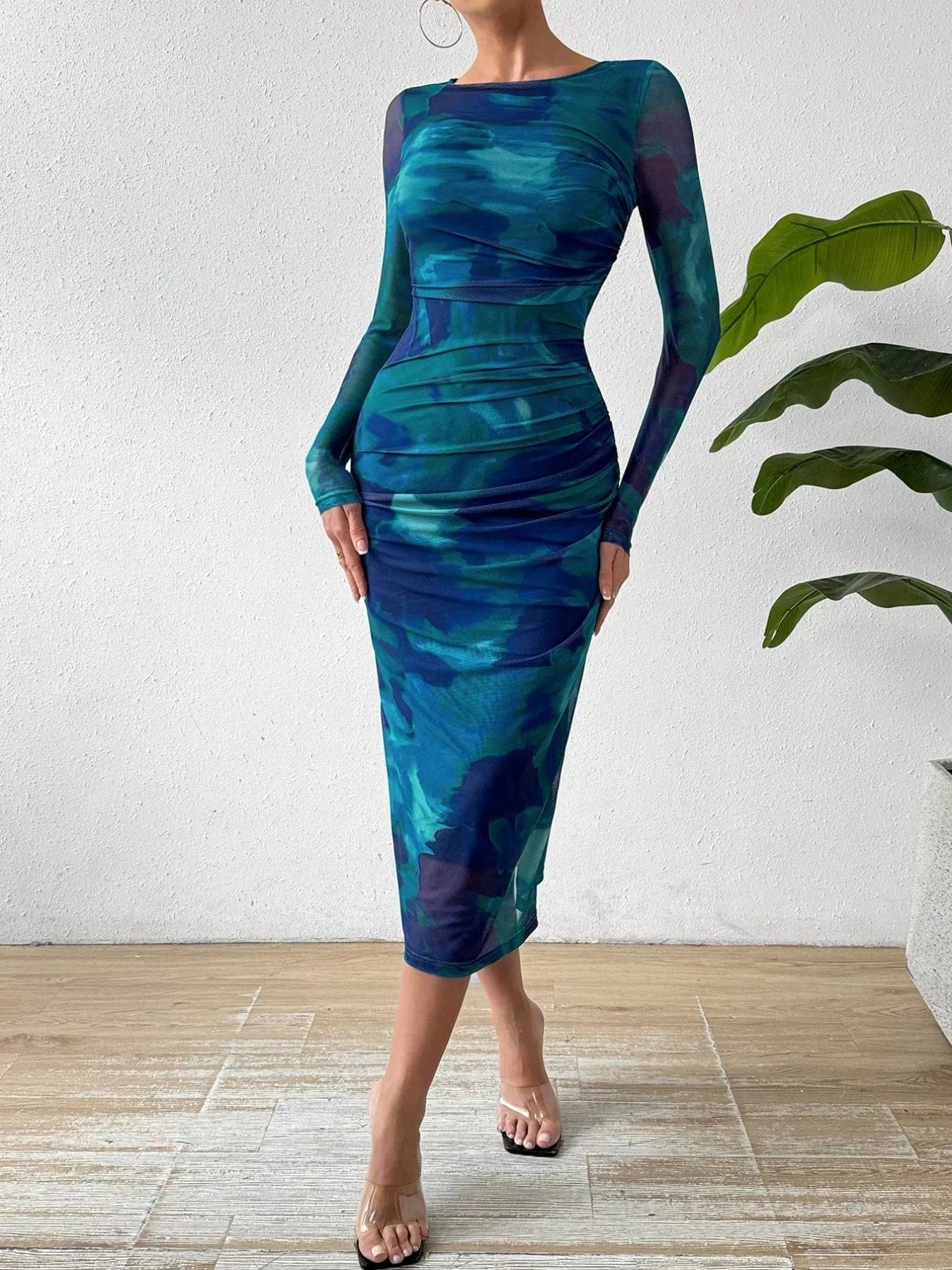 Mesh Waterverfprint Bodycon Midi Jurk Cerulean
