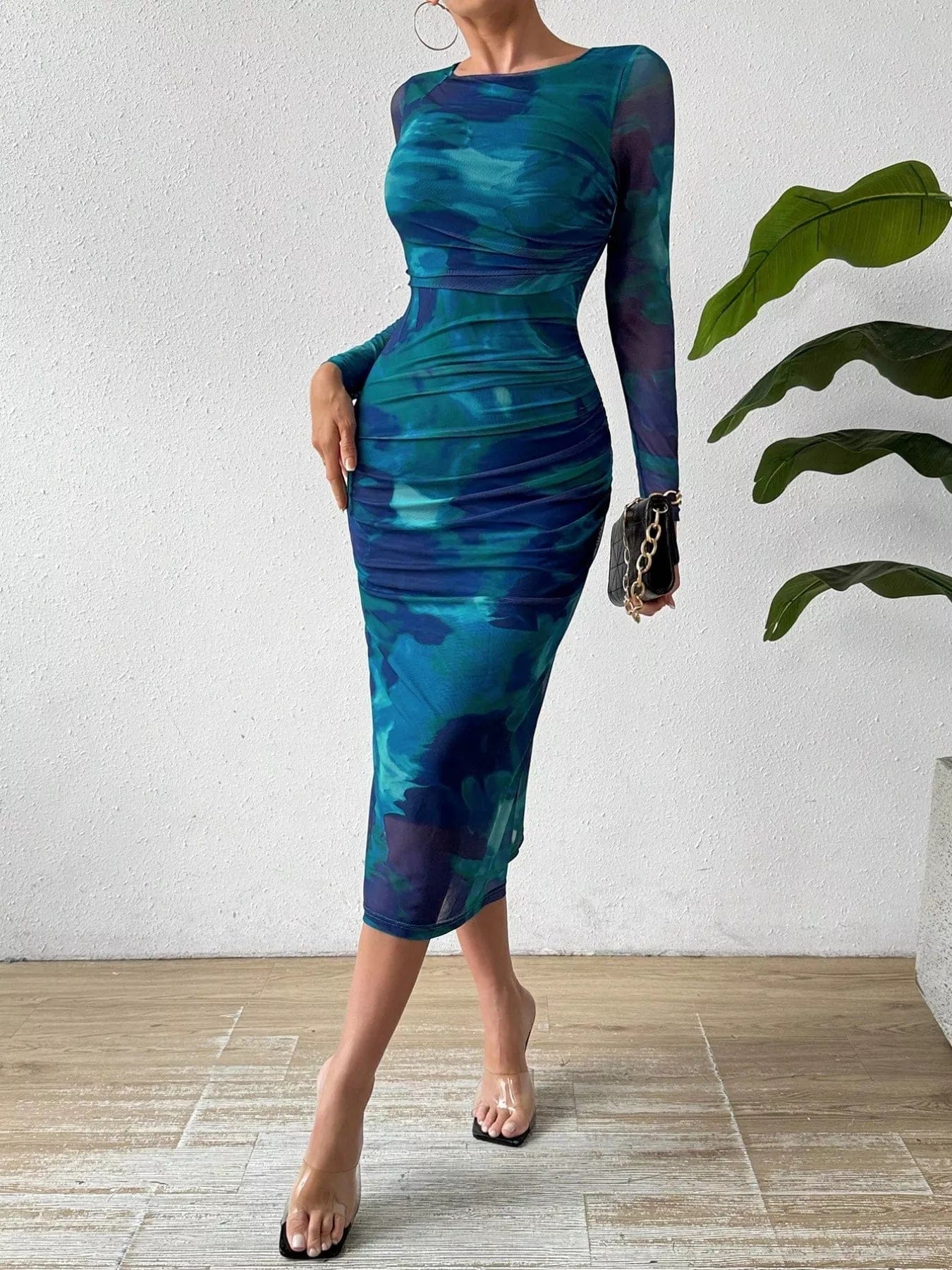 Mesh Waterverfprint Bodycon Midi Jurk Cerulean