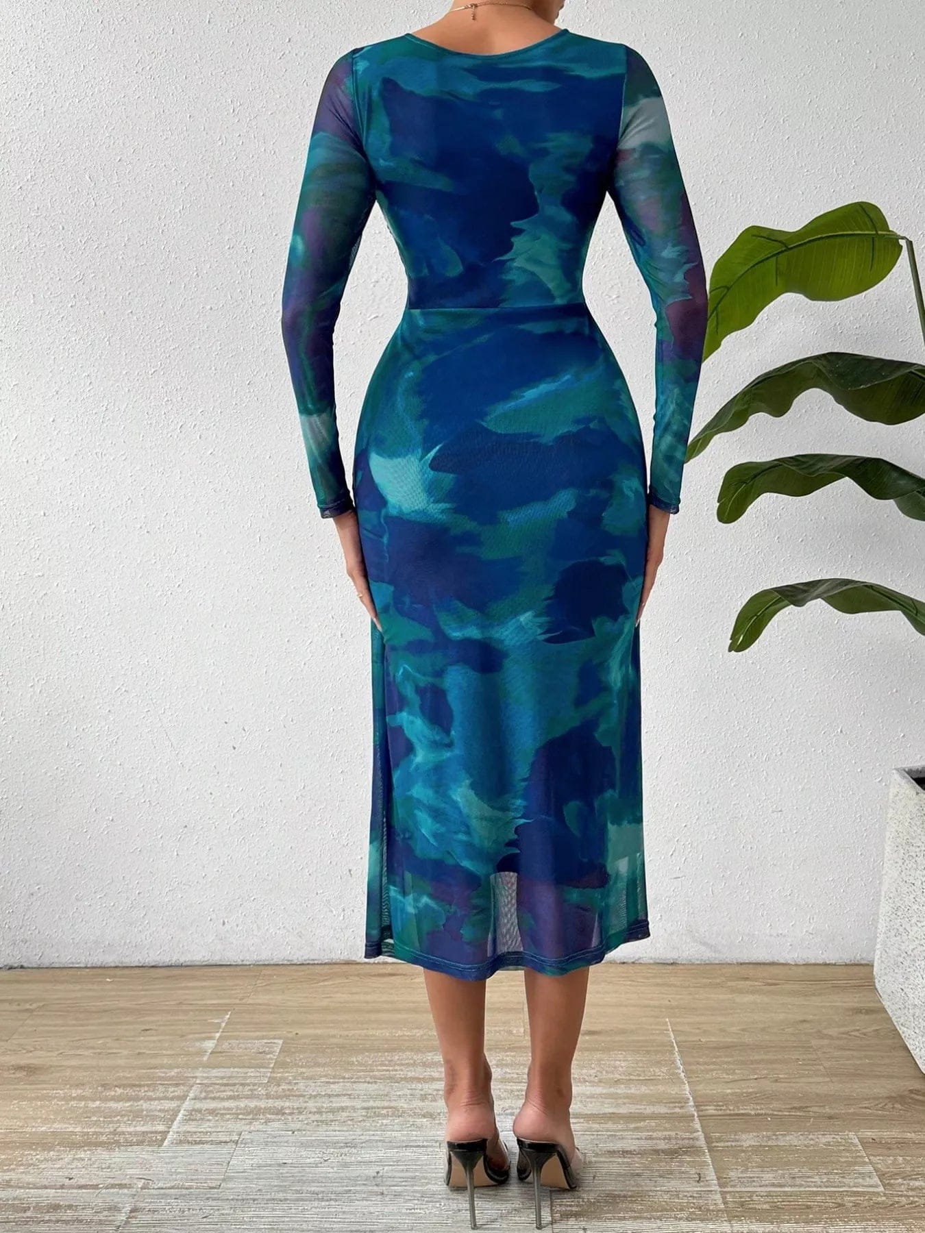 Mesh Waterverfprint Bodycon Midi Jurk Cerulean