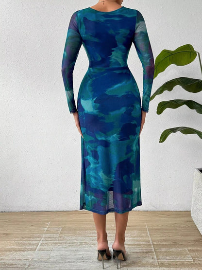 Mesh Waterverfprint Bodycon Midi Jurk Cerulean