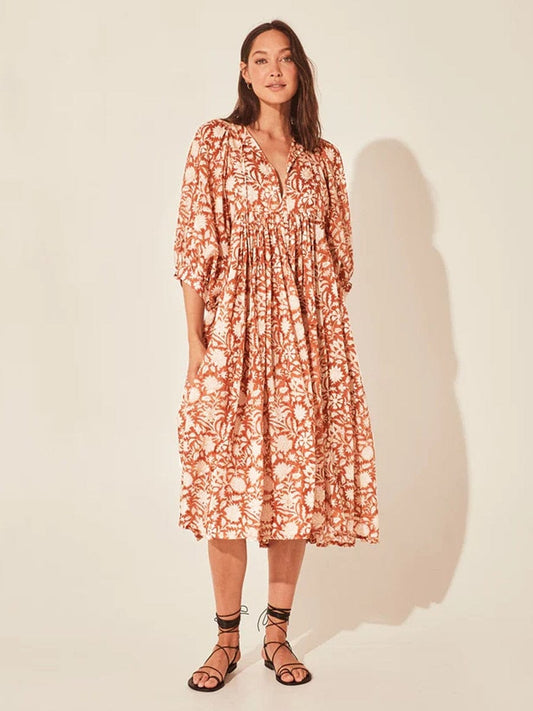 Mid-sleeve Midi Oranje Ibiza Bloemen Jurk