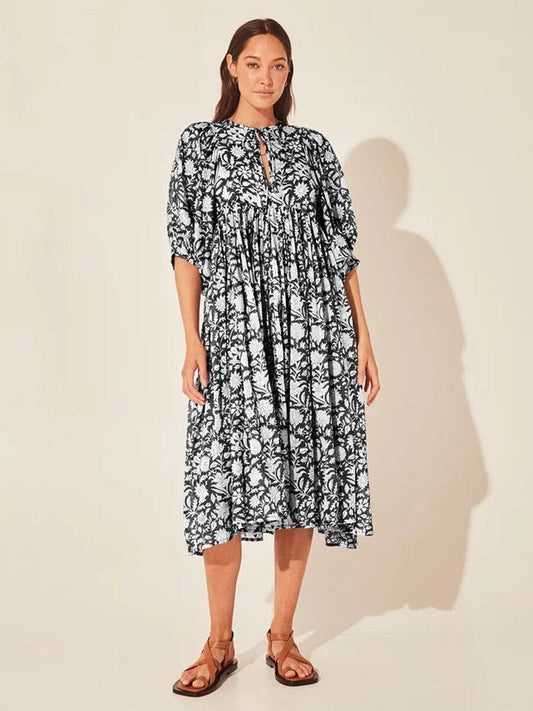 Mid-sleeve Midi Zwarte Ibiza Bloemen Jurk