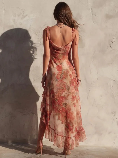 Dames midi jurk met bloemenprint en split, zijaanzicht
