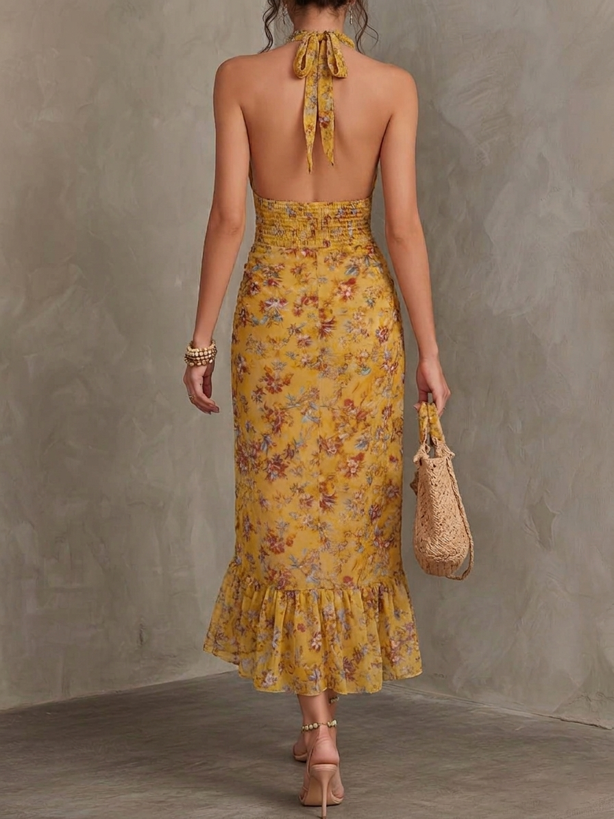 Gele midi jurk met bloemenprint en halterhals gedragen door model