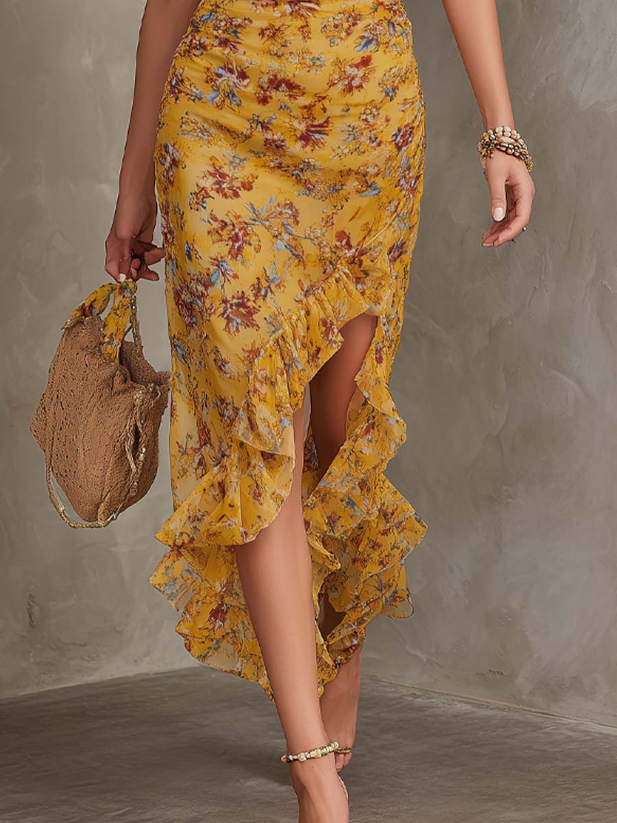 Dames midi jurk met bloemenprint in geel, volledig silhouet
