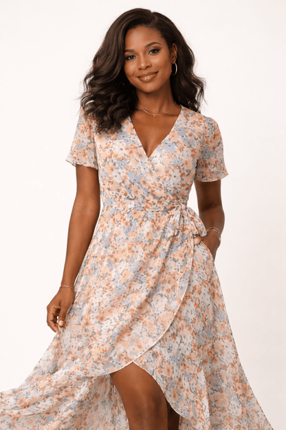 Midi-jurk met bloemenprint en overslag, lichtgewicht polyester