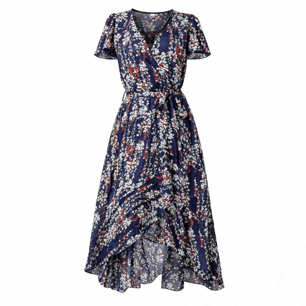Midi-jurk met bloemenprint en overslag, lichtgewicht polyester