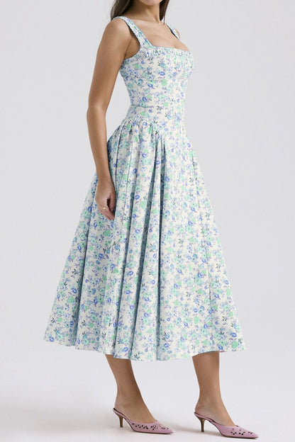Midi-jurk met bloemenprint, geplooide vierkante halslijn, lichtblauw
