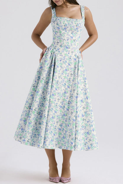 Midi-jurk met bloemenprint, geplooide vierkante halslijn, lichtblauw