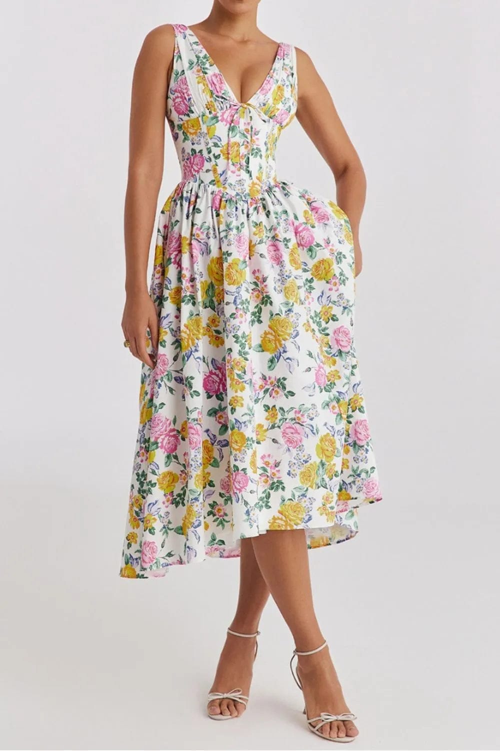Midi-jurk met bloemenprint, gerimpelde V-hals en mouwloos