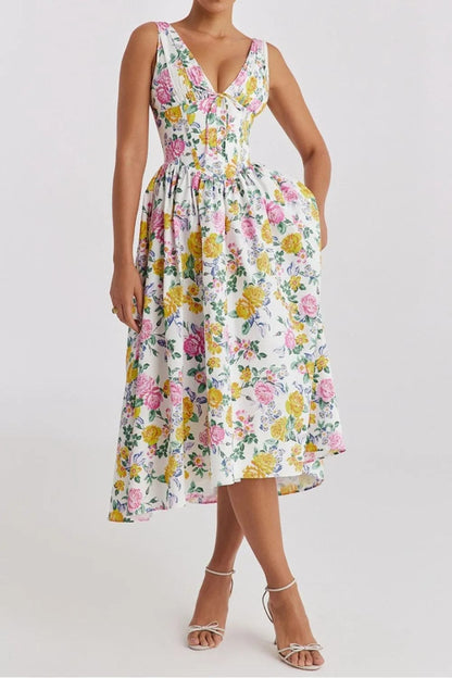 Midi-jurk met bloemenprint, gerimpelde V-hals en mouwloos