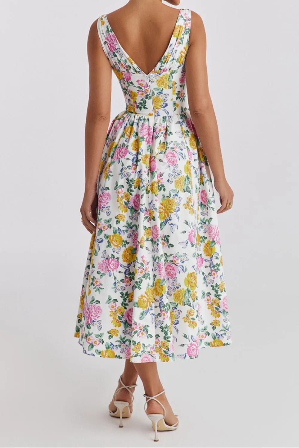 Midi-jurk met bloemenprint, gerimpelde V-hals en mouwloos