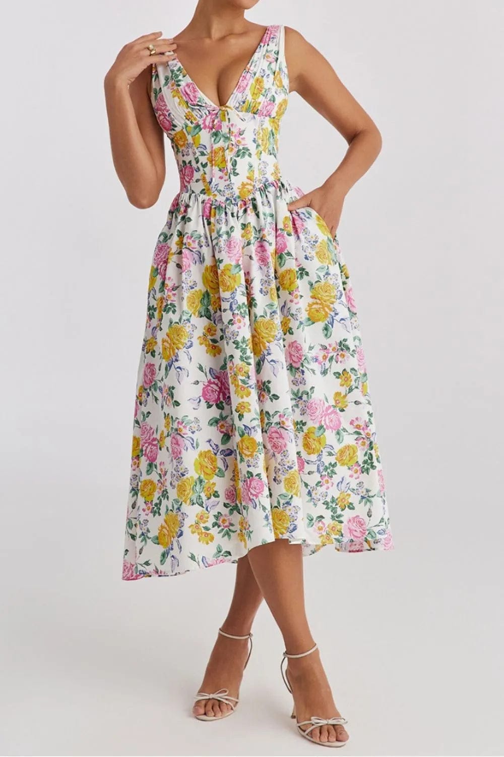 Midi-jurk met bloemenprint, gerimpelde V-hals en mouwloos