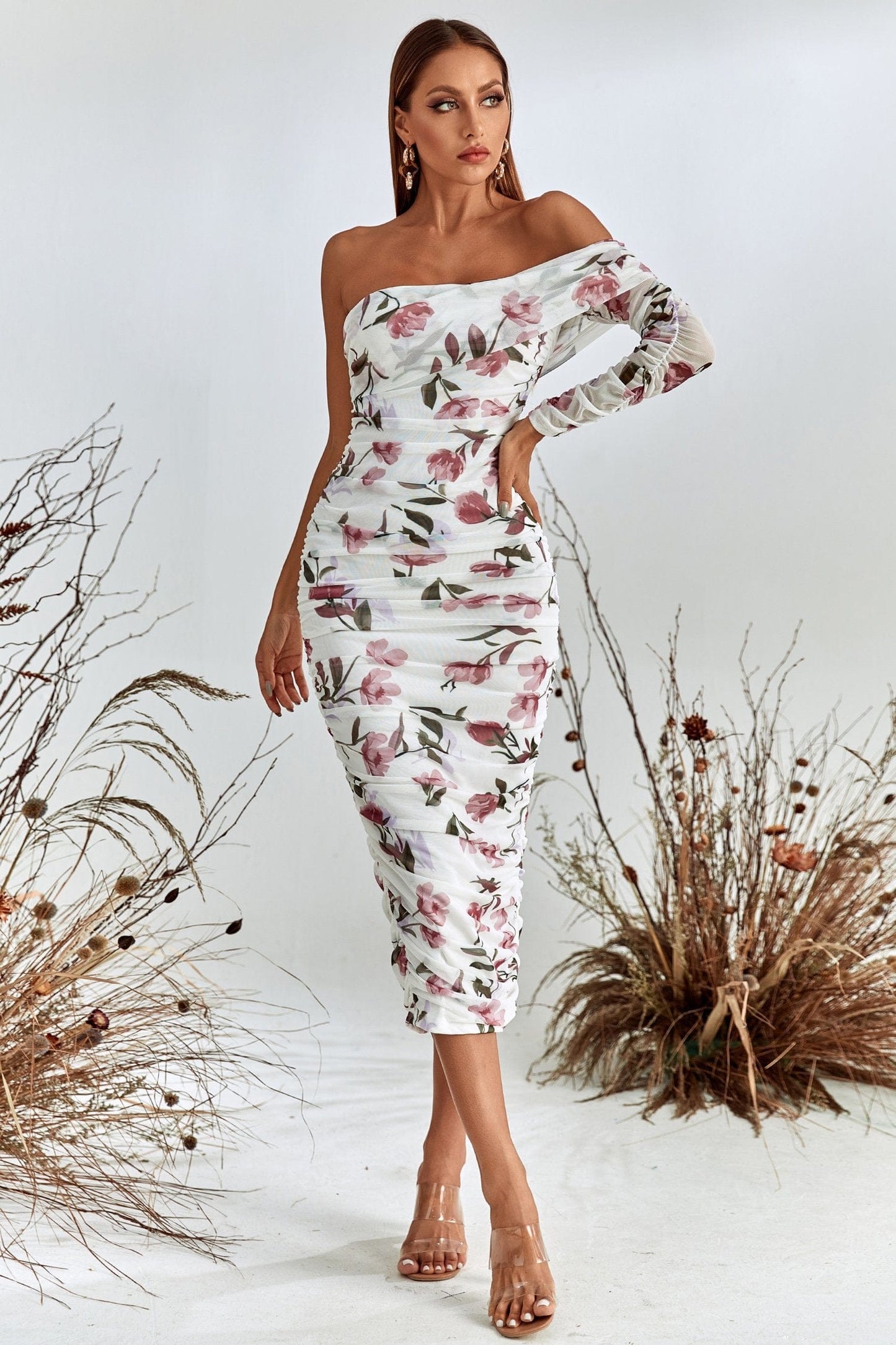 Midi-jurk met één schouder en mesh