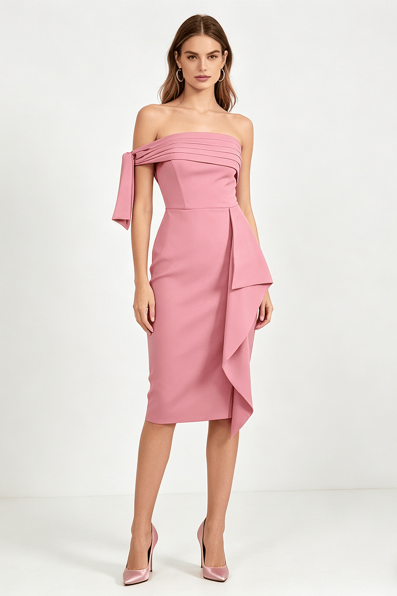Midi-jurk met een schouder en strikkdetail roze
