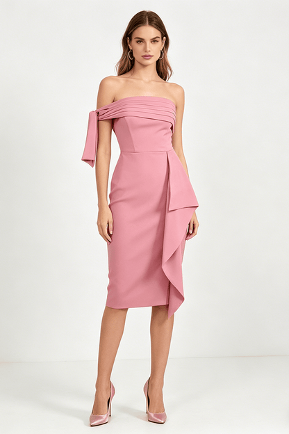 Midi-jurk met een schouder en strikkdetail roze