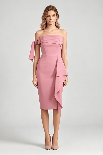 Midi-jurk met een schouder en strikkdetail roze