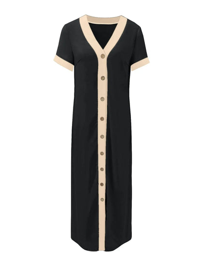 Midi-jurk met knopen en contrastbies