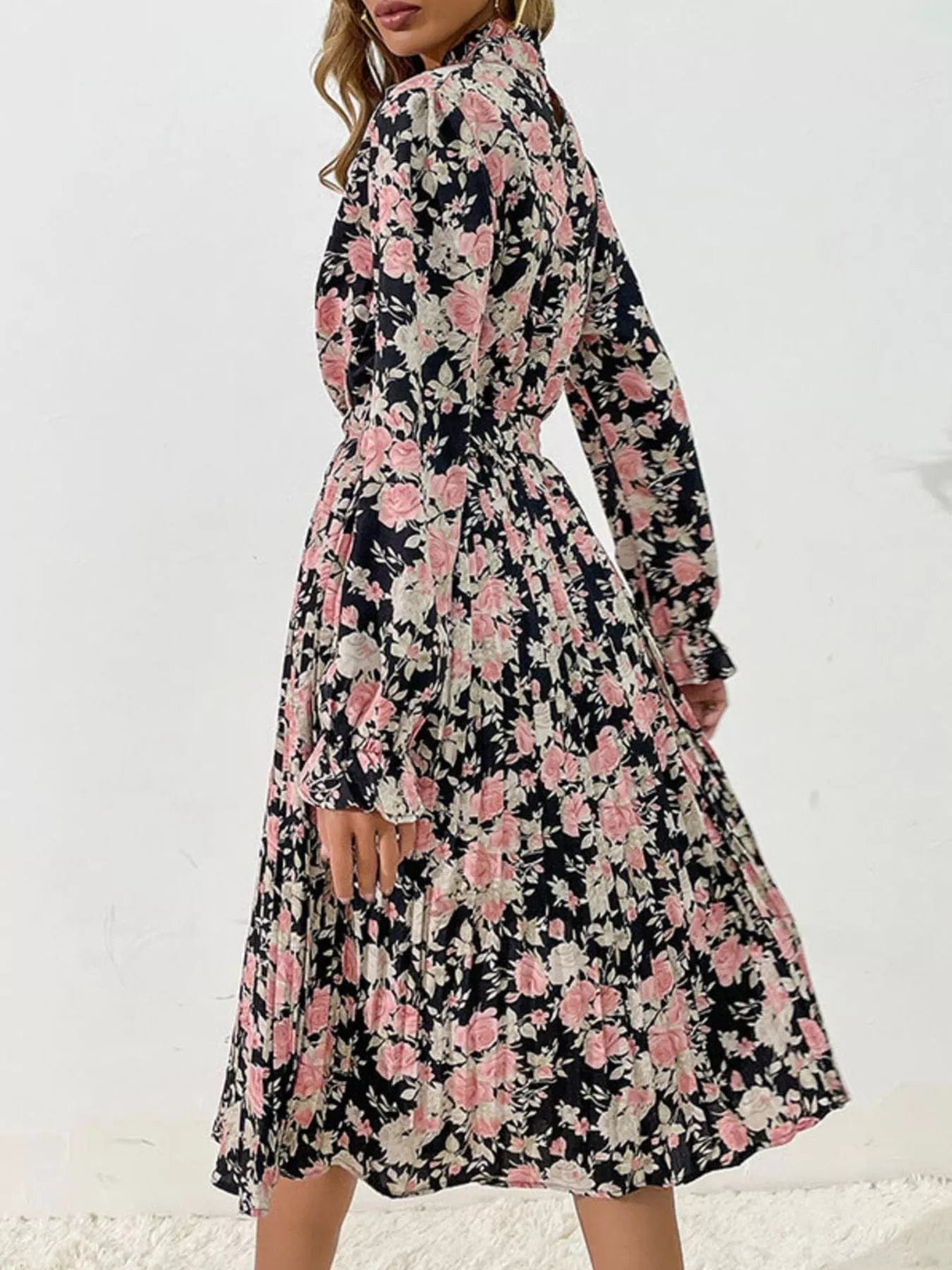 Midi-jurk van katoenmix met geplooide bloemenprint