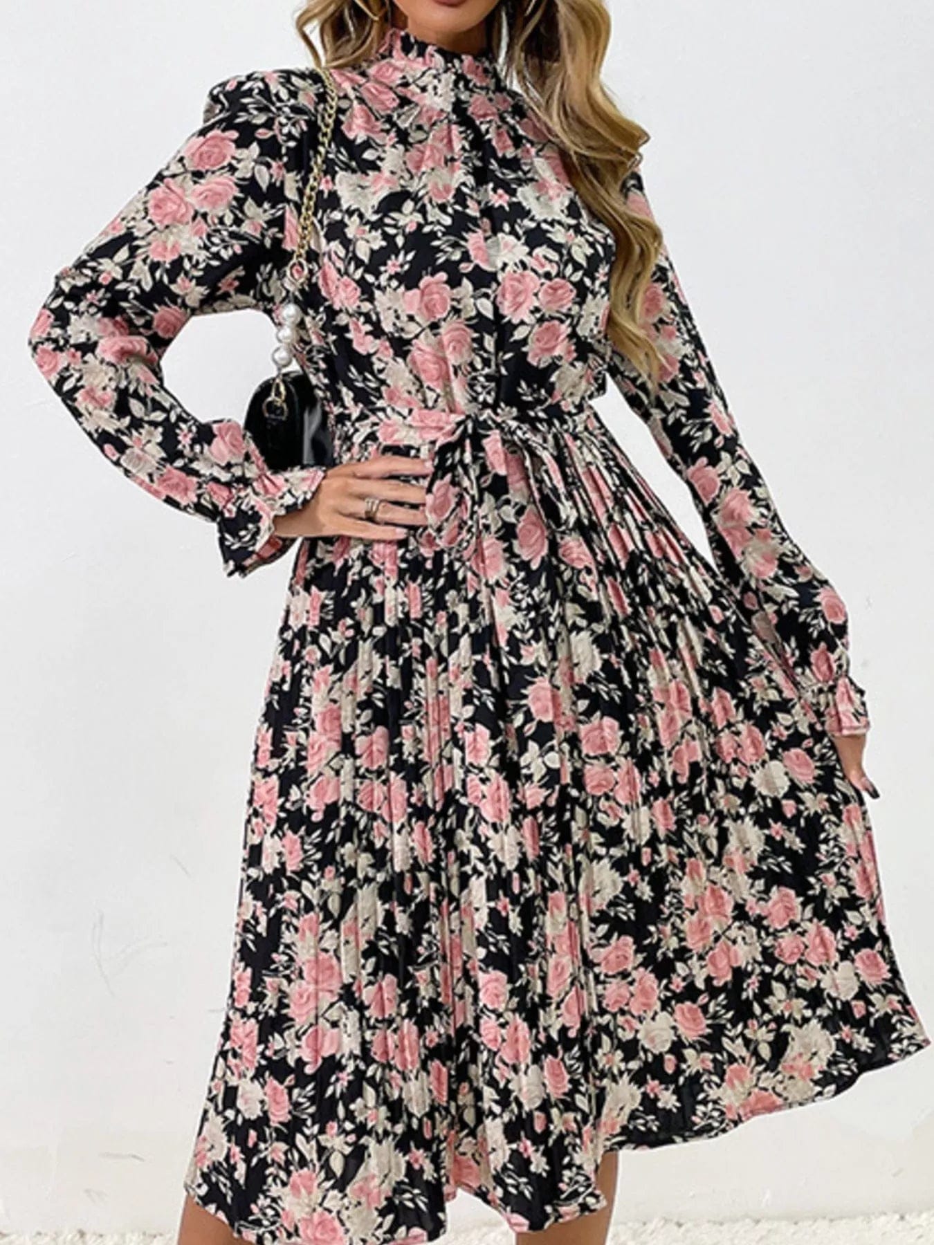 Midi-jurk van katoenmix met geplooide bloemenprint