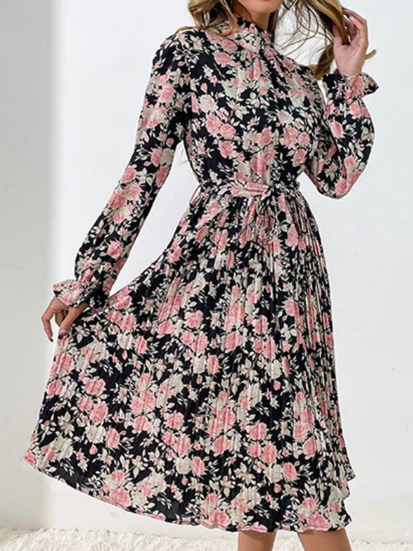 Midi-jurk van katoenmix met geplooide bloemenprint
