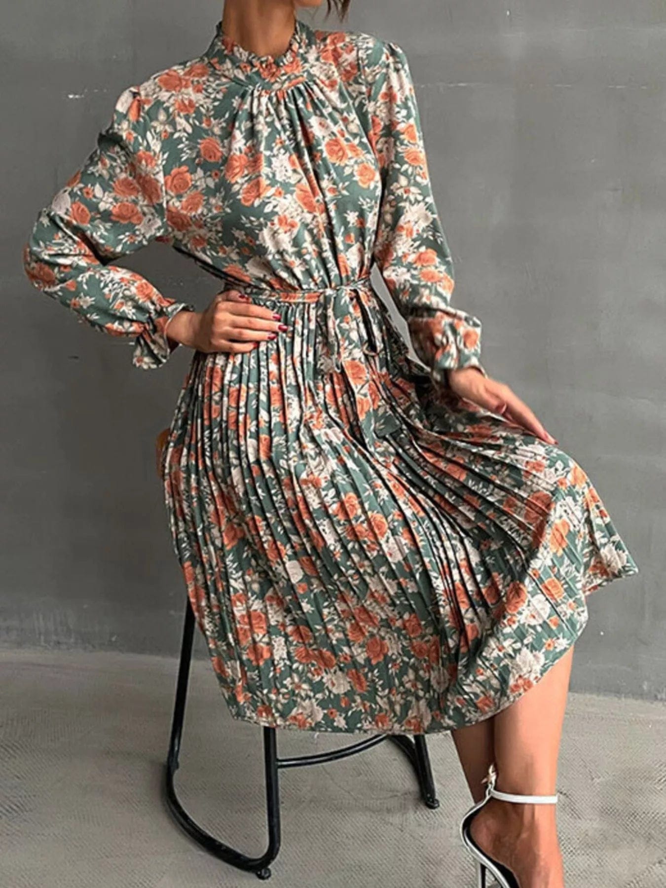 Midi-jurk van katoenmix met geplooide bloemenprint