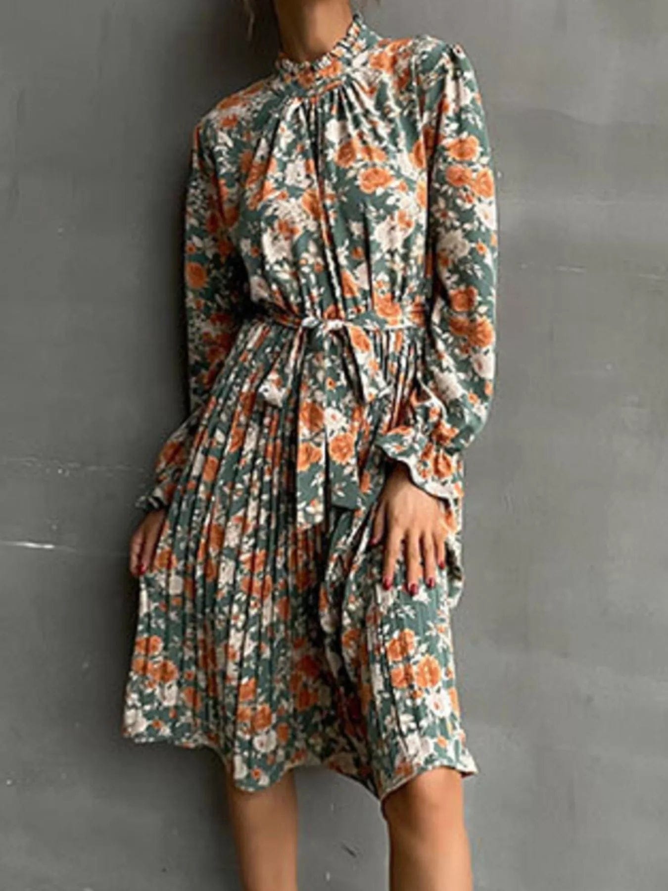 Midi-jurk van katoenmix met geplooide bloemenprint