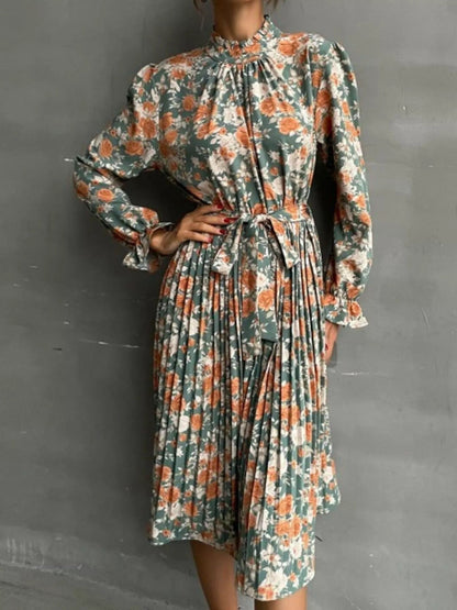 Midi-jurk van katoenmix met geplooide bloemenprint