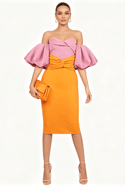 Midijurk met kleurvlakken en ballonmouwen roze oranje