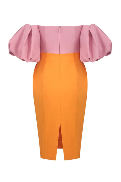 Midijurk met kleurvlakken en ballonmouwen roze oranje