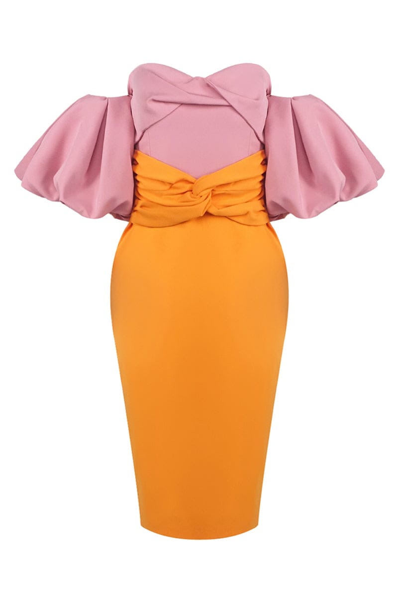 Midijurk met kleurvlakken en ballonmouwen roze oranje
