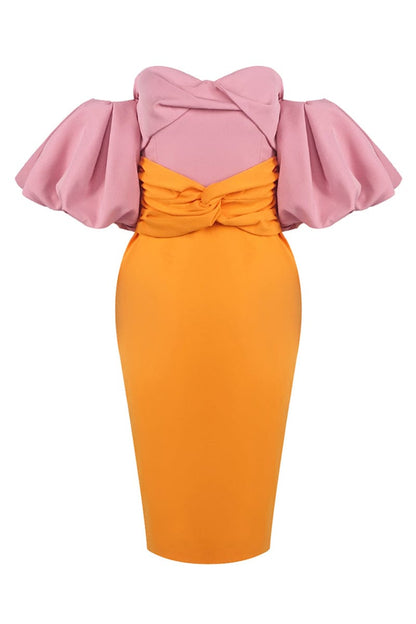 Midijurk met kleurvlakken en ballonmouwen roze oranje