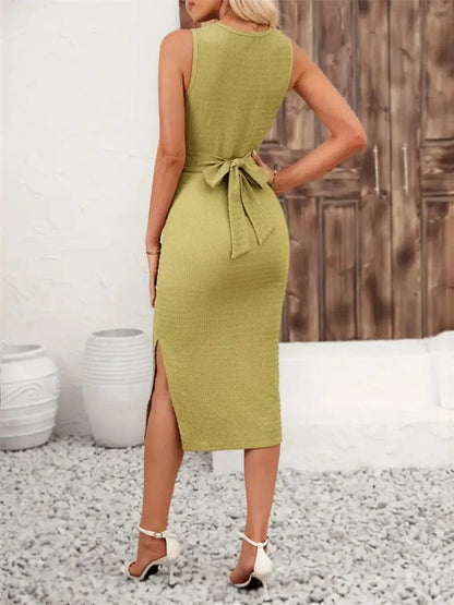 Mouwloze Midi-jurk met Spaghettibandjes, Rugstrik en Split in Chartreuse