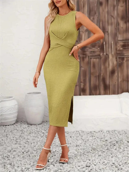 Mouwloze Midi-jurk met Spaghettibandjes, Rugstrik en Split in Chartreuse