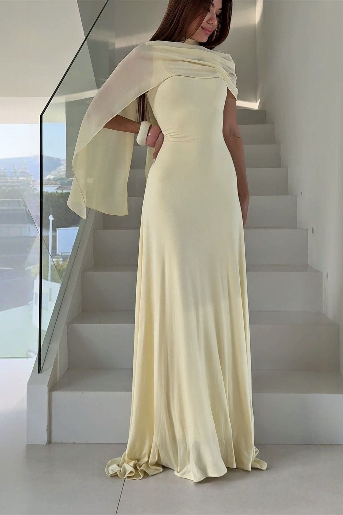 Mouwloze polyester maxi jurk met spaghettibandjes geel