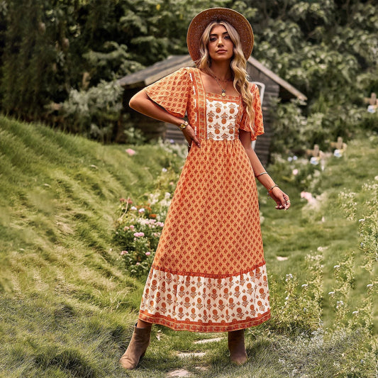 Oranje Boheemse Jurk Met Print Hippie Stijl