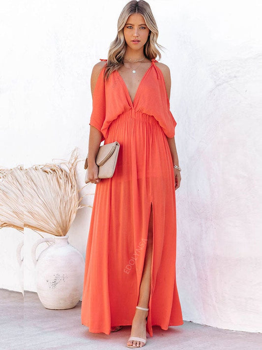 Oranje Feestelijke Boheemse Jurk Met V-hals En Off-shoulder