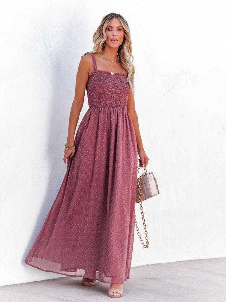 Paarse Feestelijke Ibiza Stijl Maxi Jurk Met Strikjes