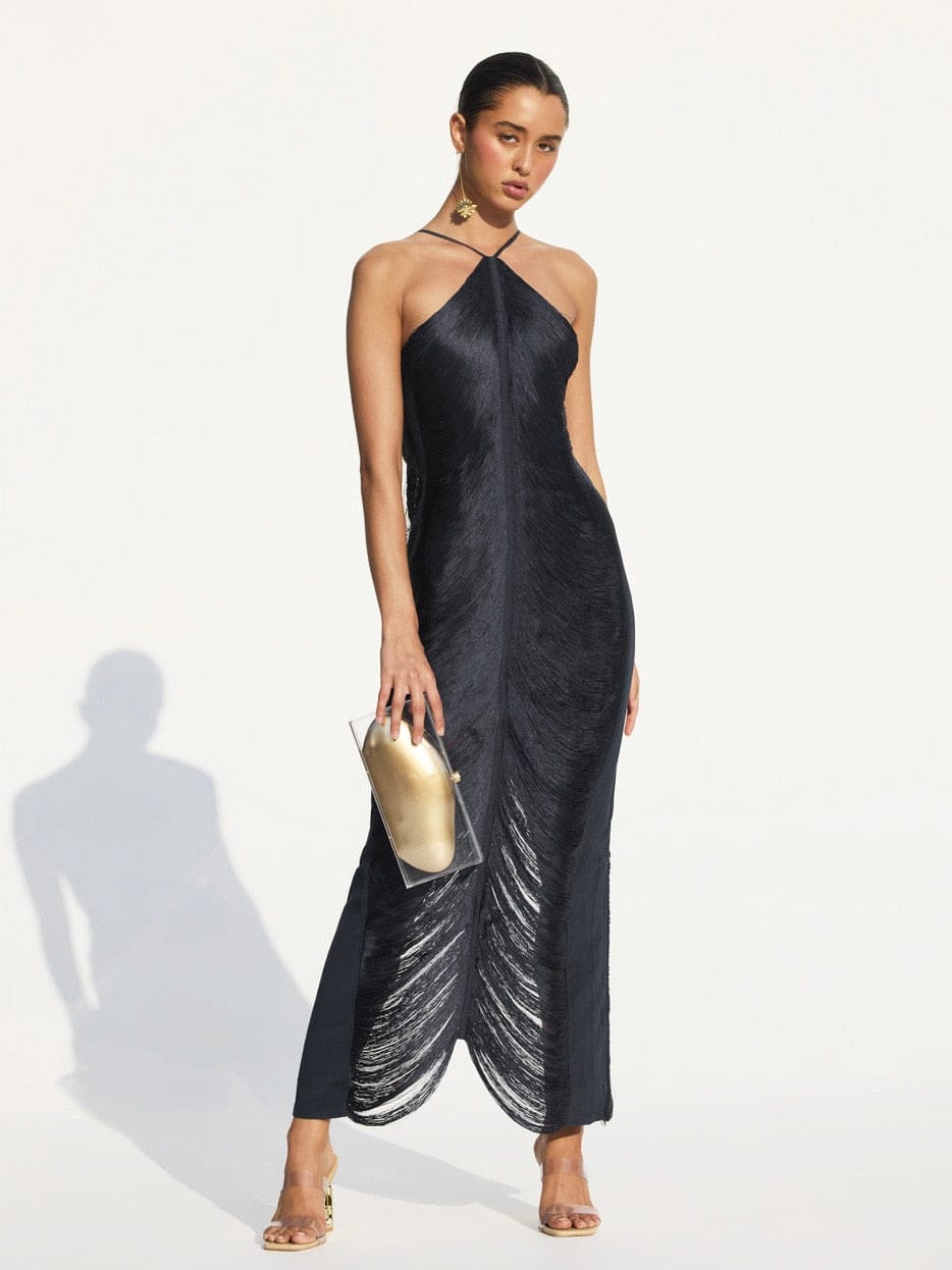 Polyester Maxi Jurk met Open Rug en Onregelmatige Zoom