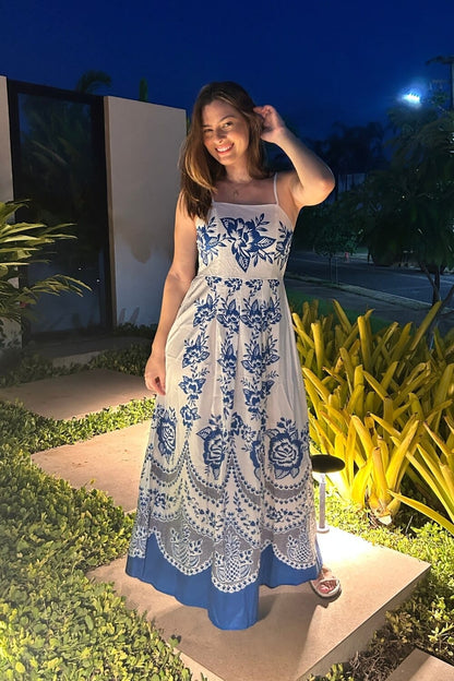Polyester Midi Jurk met Spaghettibandjes Blauw
