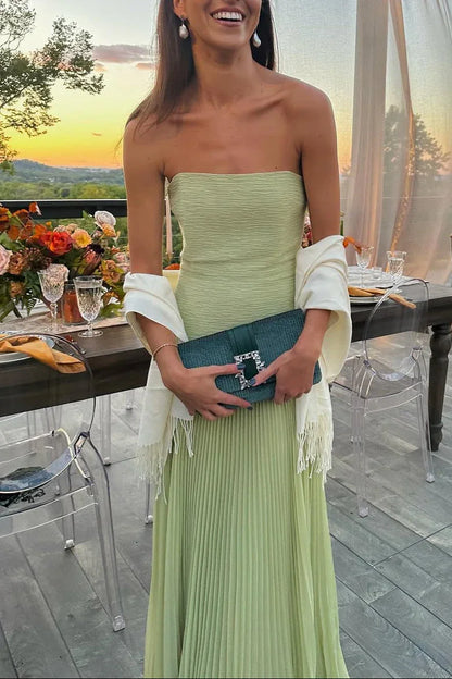 Dames maxi avondjurk met geplooid lijfje en strapless halslijn