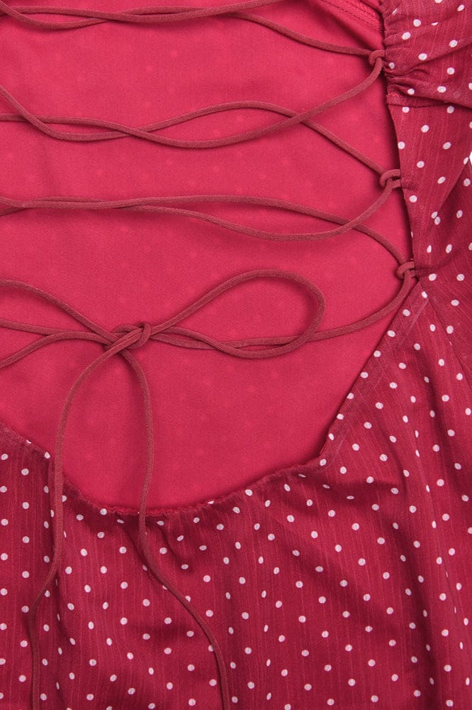 Rode Chiffon Minijurk met Polkadots, Open Rug en Strikjes